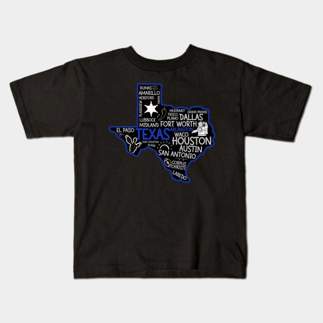 Arlington Texas cute map Houston San Antonio Dallas Austin Fort Worth El Paso Kids T-Shirt by BoogieCreates